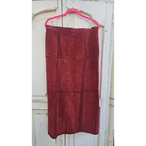 Vintage 90's Fashion S.M.H. Red Suede Leather Embroider Patchwork Maxi Skirt 16